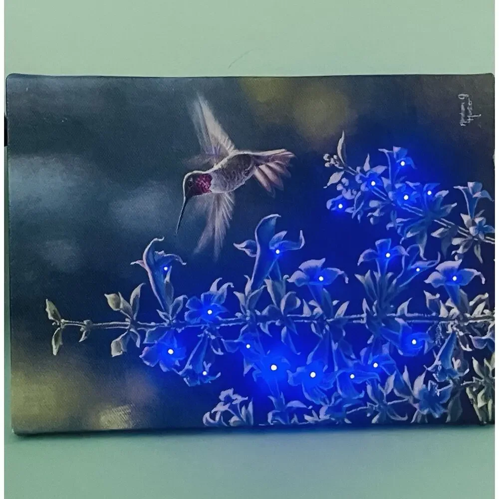 Hummingbird Flower LED Lighted Canvas Wall or Tabletop Picture 8.5 X 6